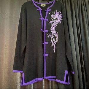 Bob Mackie Black Cardigan with Purple Dragon Design